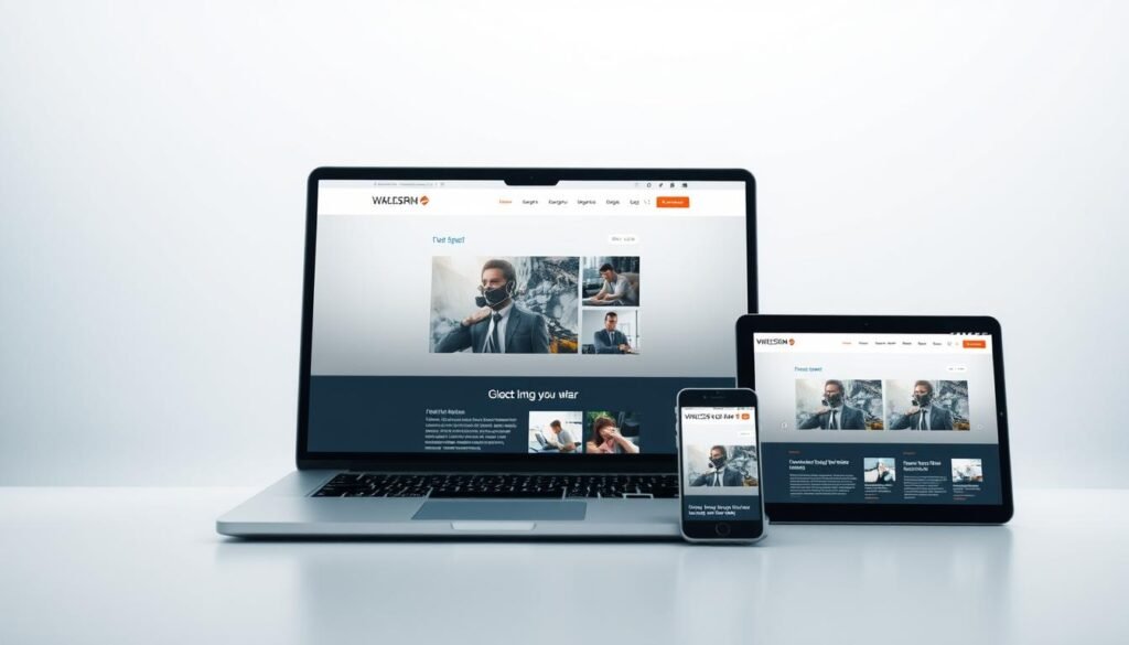 A responsive web design showcasing a sleek, modern layout with a clean and minimalistic aesthetic. The foreground features a laptop display presenting a visually engaging and adaptable website interface, seamlessly adjusting to different device sizes. The middle ground showcases various mobile devices, such as smartphones and tablets, mirroring the website's responsive capabilities. The background sets a subdued, gradient-based atmosphere, emphasizing the harmonious integration of technology and user experience. Soft, directional lighting enhances the overall aesthetic, creating depth and highlighting the device screens. The composition conveys a sense of efficiency, accessibility, and the versatility of the responsive web design. A responsive web design showcasing a sleek, modern layout with a clean and minimalistic aesthetic. The foreground features a laptop display presenting a visually engaging and adaptable website interface, seamlessly adjusting to different device sizes. The middle ground showcases various mobile devices, such as smartphones and tablets, mirroring the website's responsive capabilities. The background sets a subdued, gradient-based atmosphere, emphasizing the harmonious integration of technology and user experience. Soft, directional lighting enhances the overall aesthetic, creating depth and highlighting the device screens. The composition conveys a sense of efficiency, accessibility, and the versatility of the responsive web design.