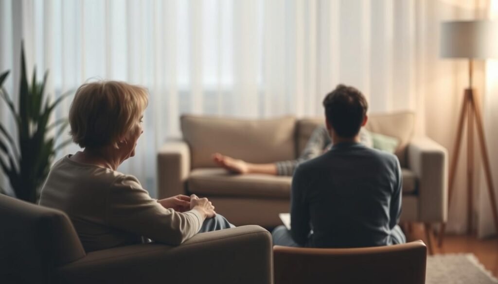 A serene and calming scene depicting the contrast between psychological counseling and psychotherapy. In the foreground, a figure sits comfortably, engaged in a warm, supportive discussion. In the middle ground, another figure lies on a couch, delving deeper into their emotional well-being with a therapist. The background is softly blurred, creating a sense of privacy and introspection. The lighting is gentle, bathing the scene in a soothing, contemplative atmosphere. The color palette is muted, emphasizing the thoughtful and introspective nature of the two modalities. The composition is balanced, guiding the viewer's eye to the central elements and highlighting the distinct yet complementary roles of counseling and psychotherapy.