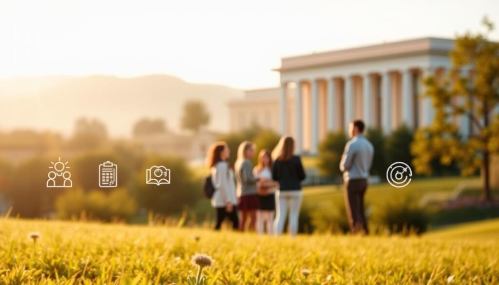 A serene and expansive landscape, bathed in warm, natural lighting. In the foreground, a diverse array of icons representing the core areas of guidance and counseling, each one distinct and meaningful - a person-centered icon, a career development symbol, a mental health emblem, and more. In the middle ground, a group of people engaging in thoughtful discussion, their body language and facial expressions conveying the collaborative nature of the guidance process. In the background, a stylized representation of a university or counseling center, with clean architectural lines and a sense of professionalism. The overall atmosphere is one of clarity, purpose, and a holistic approach to personal and professional growth.