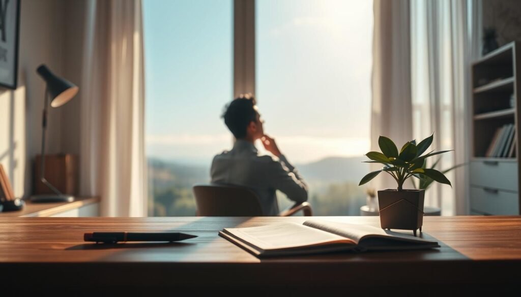 A serene and tranquil scene of a person sitting in a cozy office, deep in thought, contemplating a decision. Soft, warm lighting casts a glow over the space, creating an atmosphere of introspection and clarity. The foreground features a wooden desk with a pen, notebook, and a thoughtfully placed plant, symbolizing the importance of balance and guidance in decision-making. In the middle ground, the person is silhouetted, their pose exuding a sense of focus and determination. The background showcases a window overlooking a beautiful, natural landscape, representing the connection between personal and professional decisions and their impact on one's overall well-being. A serene and tranquil scene of a person sitting in a cozy office, deep in thought, contemplating a decision. Soft, warm lighting casts a glow over the space, creating an atmosphere of introspection and clarity. The foreground features a wooden desk with a pen, notebook, and a thoughtfully placed plant, symbolizing the importance of balance and guidance in decision-making. In the middle ground, the person is silhouetted, their pose exuding a sense of focus and determination. The background showcases a window overlooking a beautiful, natural landscape, representing the connection between personal and professional decisions and their impact on one's overall well-being.