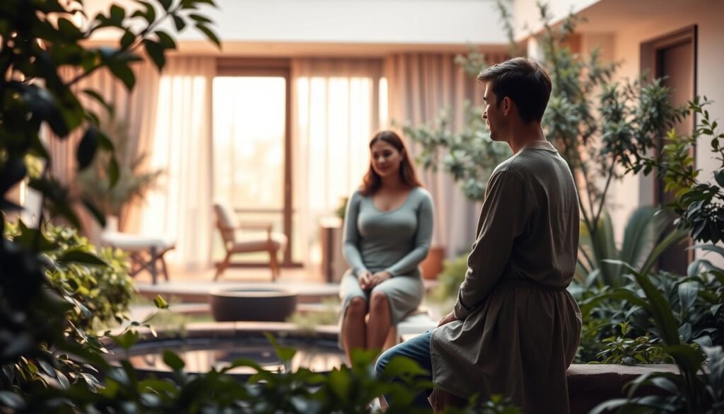 A serene, contemplative scene showcasing the nuanced differences between psychological counseling and psychotherapy. In the foreground, a tranquil garden oasis with lush foliage and a calming water feature. In the middle ground, two figures engage in thoughtful discussion - one offering guidance and support, the other introspectively exploring their inner world. The background depicts a warm, softly-lit therapeutic space, conveying a sense of safety and trust. Soft, muted colors and natural lighting create an atmosphere of introspection and healing. The overall composition emphasizes the distinct yet complementary roles of counseling and therapy in promoting mental wellbeing.