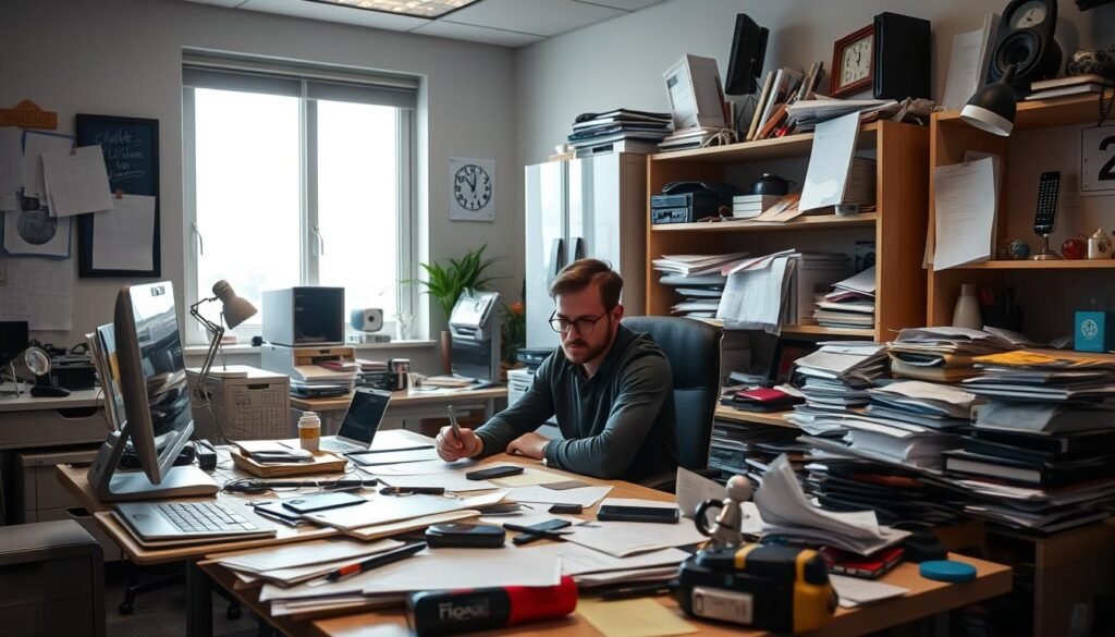 A serene office environment with a cluttered desk, overflowing with distractions - paperwork, electronic devices, and various knickknacks. In the foreground, a focused individual sits at the desk, their expression determined as they navigate the digital and physical clutter surrounding them. Soft, diffused lighting illuminates the scene, creating a contemplative atmosphere. In the background, a window offers a glimpse of the outside world, a visual representation of the tranquility and focus that lies beyond the distractions. The overall composition conveys the challenge of overcoming the modern-day time traps, emphasizing the need for mindful organization and prioritization. A serene office environment with a cluttered desk, overflowing with distractions - paperwork, electronic devices, and various knickknacks. In the foreground, a focused individual sits at the desk, their expression determined as they navigate the digital and physical clutter surrounding them. Soft, diffused lighting illuminates the scene, creating a contemplative atmosphere. In the background, a window offers a glimpse of the outside world, a visual representation of the tranquility and focus that lies beyond the distractions. The overall composition conveys the challenge of overcoming the modern-day time traps, emphasizing the need for mindful organization and prioritization.