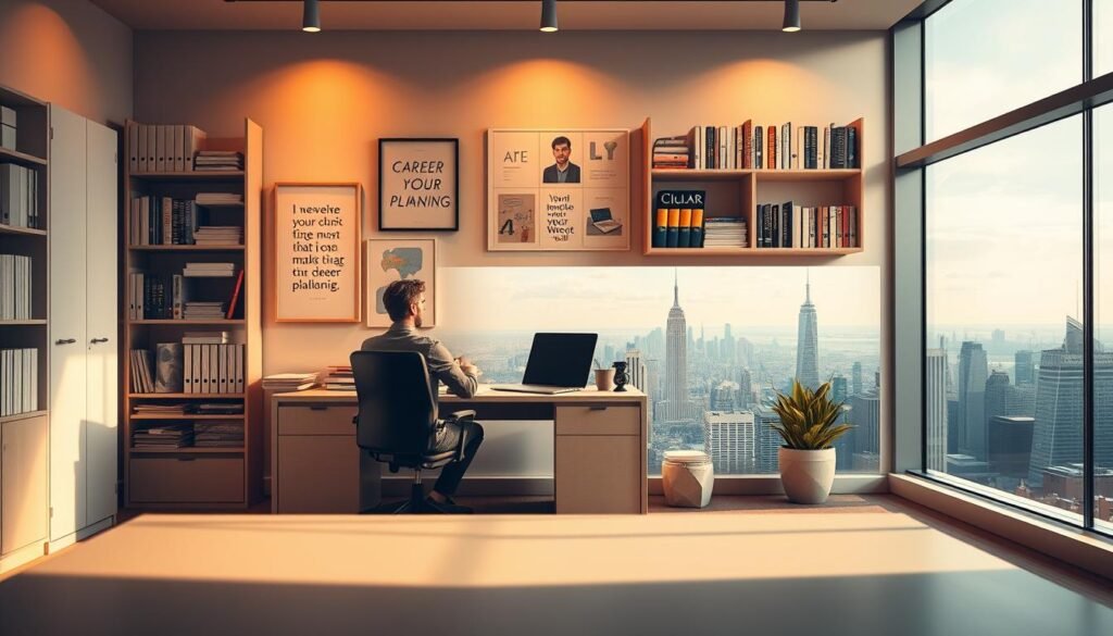 A serene office setting with a desk, chair, and shelves filled with books and files. Warm, diffused lighting illuminates the scene, creating a contemplative atmosphere. In the foreground, a person sits at the desk, deep in thought, surrounded by the tools of their career exploration. The middle ground features inspirational artwork, motivational quotes, and career planning resources, all designed to guide the individual's professional development. The background showcases a panoramic view of a bustling city skyline, symbolizing the vast opportunities and possibilities that await. The overall composition conveys the importance of thoughtful career guidance in navigating the modern professional landscape.