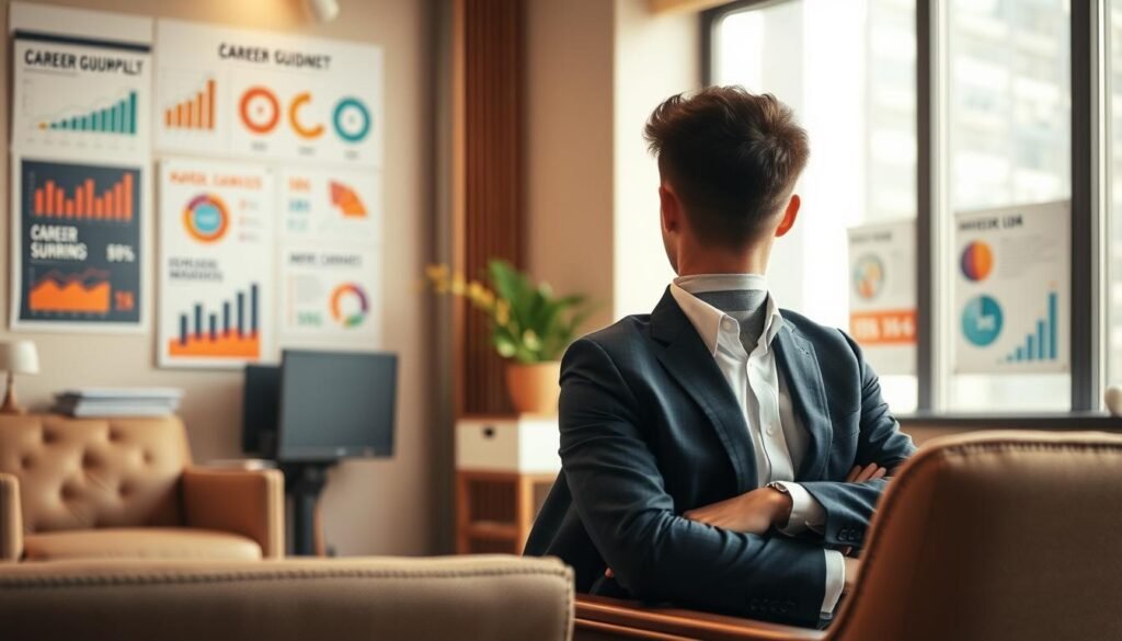 A serene office setting, with a warm, diffused lighting filtering through large windows. A career counselor sits across from a young professional, engaged in an earnest discussion. Colorful infographics and job market data adorn the walls, providing a visual backdrop to the career guidance session. The counselor's expression radiates empathy and wisdom, guiding the client towards a fulfilling vocational path. The client's face is pensive, yet hopeful, as they consider the pivotal insights unveiled through this mentorship. Elegant office furniture and tasteful decor create an atmosphere of professionalism and trust, conducive to meaningful self-discovery.