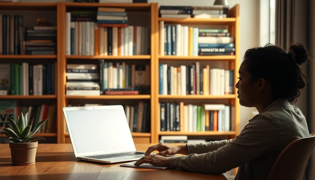 A serene office setting, with a wooden desk, a laptop, and a succulent plant. A person sits at the desk, intently focused on their work, their face reflecting deep concentration. Soft, warm lighting illuminates the scene, creating a sense of productivity and growth. In the background, a bookshelf filled with various self-improvement and career development books, symbolizing the pursuit of personal and professional development. The overall atmosphere conveys a sense of intentional self-improvement, with the individual's silhouette representing the journey of enhancing one's skills and abilities to navigate the evolving job market.