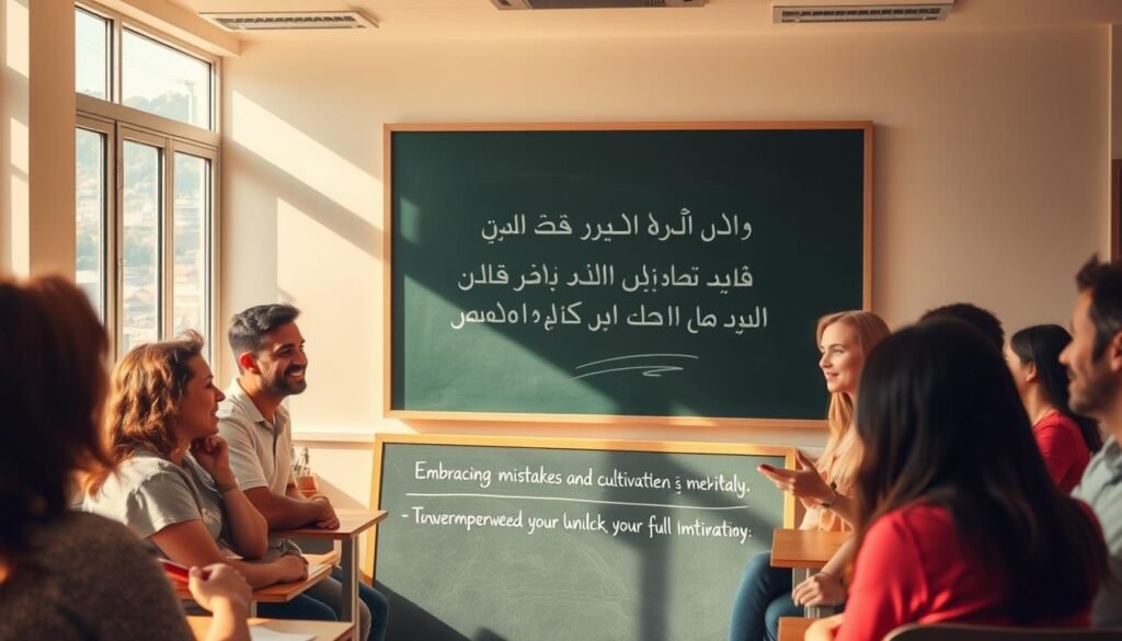 A serene, sun-dappled classroom with students of diverse backgrounds engaged in lively discussions, their expressions conveying a sense of curiosity and openness. The lighting is warm and inviting, casting a soft glow that creates an atmosphere of comfort and learning. In the foreground, a chalkboard displays the section title "تغيير العقليات: التغلب على الخوف من الأخطاء وتعزيز الدافعية", hinting at the transformative power of embracing mistakes and cultivating motivation. Through the windows, a panoramic view of a vibrant cityscape or lush countryside serves as a backdrop, symbolizing the broader societal and cultural context. The overall scene exudes a sense of positive change, empowering learners to overcome their fears and unlock their full linguistic potential.