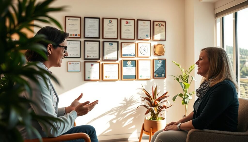 A serene, sun-dappled office setting with a warm, inviting atmosphere. In the foreground, a professional counselor guides a client through an engaging discussion, their body language and facial expressions conveying empathy and active listening. The middle ground showcases a wall display featuring various training certificates and accreditations, symbolizing the counselor's expertise and commitment to continuous development. The background reveals a panoramic window overlooking a lush, verdant landscape, creating a sense of tranquility and inspiration. The lighting is soft and natural, enhancing the overall sense of professionalism and care. The composition should strike a balance between the interpersonal dynamics and the visual cues that communicate the counselor's dedication to honing their guidance skills.