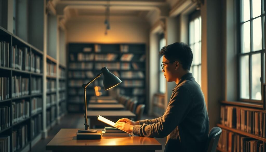 A serene, well-lit library interior with rows of bookshelves lining the walls. A lone figure sits at a wooden desk, intently focused on a book, their face illuminated by a warm desk lamp. Soft natural light filters in through large windows, casting a cozy glow across the scene. The atmosphere is one of quiet concentration and intellectual pursuit, reflecting the power of focused, vocal reading to hone one's communication skills. The composition emphasizes the act of reading as a means of self-improvement, with the subject's posture and expression conveying a sense of dedication and growth. A serene, well-lit library interior with rows of bookshelves lining the walls. A lone figure sits at a wooden desk, intently focused on a book, their face illuminated by a warm desk lamp. Soft natural light filters in through large windows, casting a cozy glow across the scene. The atmosphere is one of quiet concentration and intellectual pursuit, reflecting the power of focused, vocal reading to hone one's communication skills. The composition emphasizes the act of reading as a means of self-improvement, with the subject's posture and expression conveying a sense of dedication and growth.