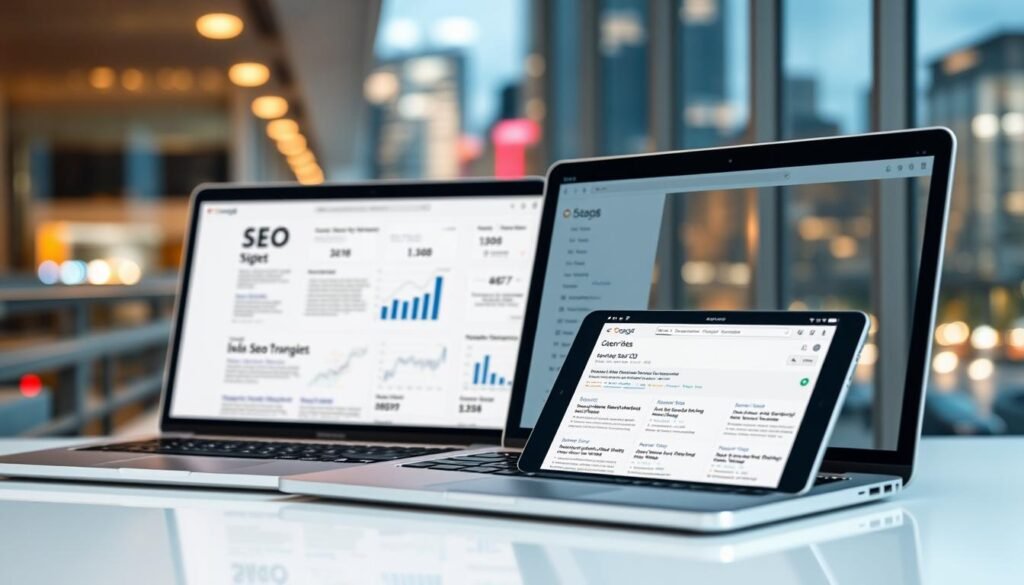 A sleek and modern website design with a clean, minimalist layout. In the foreground, a laptop screen displaying intricate SEO strategies and analytics data, illuminated by soft, directional lighting. In the middle ground, a tablet or smartphone showcasing search engine results pages, highlighting the impact of advanced SEO tactics. The background features a blurred cityscape, conveying a sense of a dynamic, fast-paced digital landscape. The overall composition should exude a professional, tech-savvy atmosphere, reflecting the advanced nature of the SEO strategies being presented.