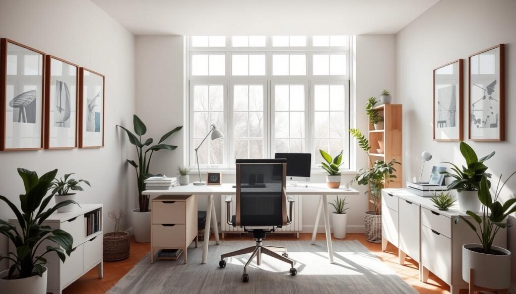 A tidy, organized home office with a minimalist desk, a comfortable office chair, and an abundance of natural light streaming in from large windows. Potted plants and a sleek, modern lamp add a touch of greenery and warmth. The walls are adorned with simple, framed artworks that create a sense of calm. The overall atmosphere is one of focus, productivity, and a harmonious blend of form and function.