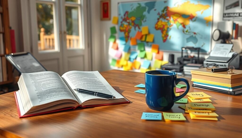 A tranquil, sun-dappled study with an open book, pen, and cup of coffee on a wooden desk. Beside it, a collage of colorful sticky notes, each representing a language learning challenge - from grammar rules to pronunciation, vocabulary to fluency. In the background, a world map and language learning tools like flashcards and audio equipment suggest the diverse, global nature of language acquisition. The lighting is soft, lending an air of contemplation and focus, as the viewer is invited to consider the obstacles and strategies for mastering a new language.