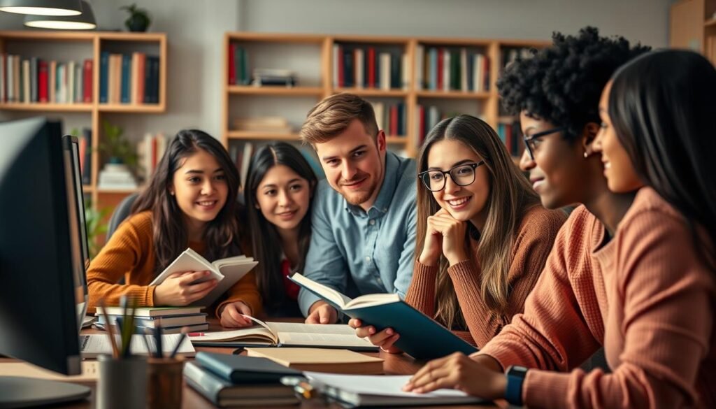 A vibrant academic setting with students engaged in thoughtful discussion, surrounded by books, computers, and the tools of learning. The scene conveys a sense of guidance and mentorship, with a warm and welcoming atmosphere. Soft lighting illuminates the faces of the students, their expressions reflecting a desire to learn and grow. The composition emphasizes the collaborative nature of academic advising, with students working together and the advisor providing support and direction. The overall impression is one of a supportive and enriching educational environment, where students can thrive and realize their full potential.