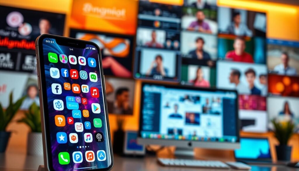 A vibrant and dynamic digital marketing landscape, with various communication tools seamlessly integrated. In the foreground, a sleek smartphone displays a range of social media and messaging apps, representing the interactive and engaging nature of modern marketing. In the middle ground, a desktop computer showcases video conferencing and collaboration software, enabling real-time interaction and teamwork. The background features a collage of digital screens, depicting data analytics dashboards, email marketing platforms, and other digital touchpoints that facilitate targeted and personalized communication. The scene is bathed in a warm, inviting glow, conveying the warmth and connectivity of effective digital marketing strategies. A vibrant and dynamic digital marketing landscape, with various communication tools seamlessly integrated. In the foreground, a sleek smartphone displays a range of social media and messaging apps, representing the interactive and engaging nature of modern marketing. In the middle ground, a desktop computer showcases video conferencing and collaboration software, enabling real-time interaction and teamwork. The background features a collage of digital screens, depicting data analytics dashboards, email marketing platforms, and other digital touchpoints that facilitate targeted and personalized communication. The scene is bathed in a warm, inviting glow, conveying the warmth and connectivity of effective digital marketing strategies.