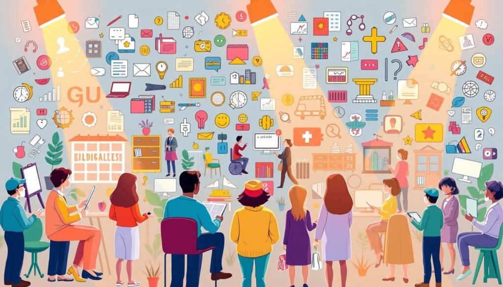 A vibrant, detailed illustration showcasing the diverse forms of guidance. Prominent in the foreground are various figures representing different counseling methods - one-on-one conversations, group sessions, virtual interactions, and mentorship programs. The middle ground depicts a range of settings such as offices, classrooms, community centers, and online platforms where these guidance practices take place. In the background, a colorful array of icons and symbols represent the wide-reaching impact of guidance across personal, educational, career, and social domains. Warm lighting casts a serene, approachable atmosphere, inviting the viewer to explore the multifaceted nature of guidance and its transformative potential.