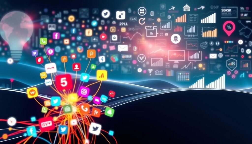 A vibrant digital landscape depicting the interconnectedness of social media platforms. In the foreground, colorful icons and symbols representing various social networks are intricately woven together, symbolizing the seamless integration of these channels. The middle ground features a sleek, minimalist design with clean lines and a subtle gradient background, creating a sense of depth and sophistication. In the background, a dynamic array of data visualizations, charts, and analytical tools hint at the powerful insights and metrics that can be garnered from social media marketing strategies. The overall composition conveys a sense of innovation, engagement, and the transformative potential of social media as a powerful marketing tool.