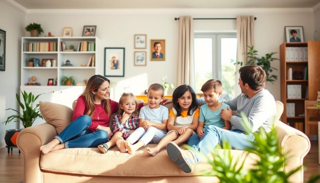 A vibrant family gathering, with a warm, cozy atmosphere. In the foreground, a mother and father sit on a plush sofa, engaged in a heartfelt discussion with their two children. The middle ground features a well-organized family room, with bookshelves, family portraits, and a potted plant adding a touch of nature. The background depicts a tranquil, sun-lit living room, where the family's bond and harmony are palpable. The overall scene conveys the benefits of family counseling, including improved communication, strengthened relationships, and a heightened sense of well-being.