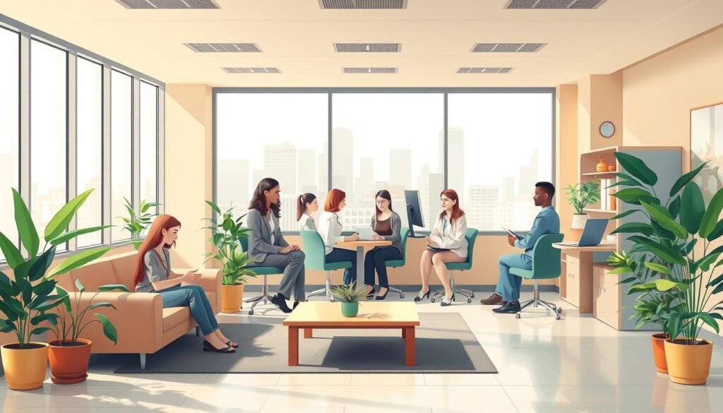 A vibrant, highly detailed illustration of "خدمات الإرشاد الشاملة" showcasing a modern, well-equipped guidance counseling office. In the foreground, a warm, inviting reception area with comfortable seating and plants. In the middle ground, a team of diverse, helpful counselors assisting clients. The background features a large window overlooking a cityscape, filling the room with natural light. The overall atmosphere is professional yet approachable, conveying a sense of care, support, and comprehensive guidance services. Lighting is soft and natural, with a slight hazy glow. The camera angle is slightly elevated, capturing the expansive, welcoming space.