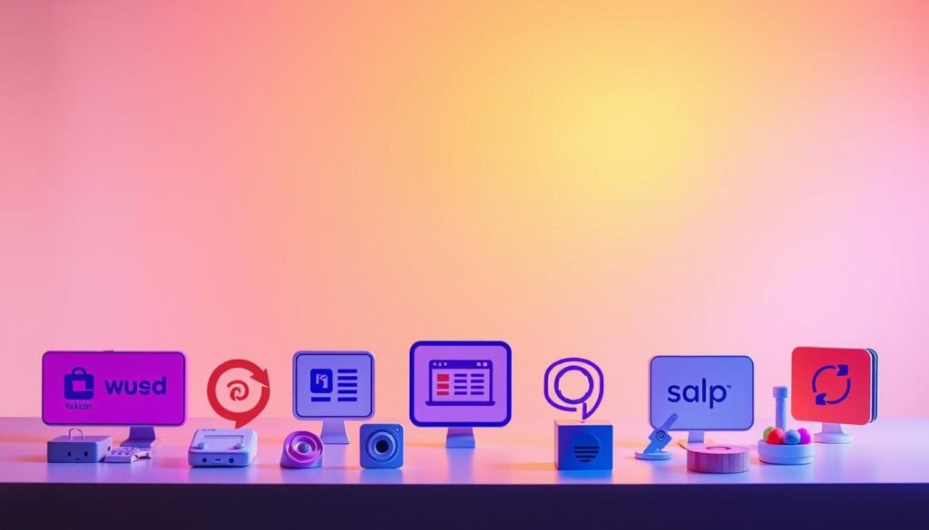 A vibrant, minimalist illustration of website design tools. In the foreground, an array of sleek, modern design icons representing various software options. The middle ground features a clean, monochromatic background with subtle grid lines, suggesting a digital workspace. Warm, diffused lighting casts a soft glow, creating a professional, inviting atmosphere. The composition emphasizes simplicity and functionality, mirroring the essence of effective website design.