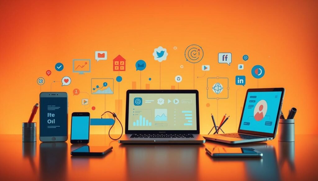 A visually engaging illustration showcasing the core principles of digital marketing. In the foreground, a dynamic array of digital devices and platforms - smartphones, laptops, social media icons - symbolizing the diverse channels and tools of the modern marketing landscape. In the middle ground, abstract geometric shapes and icons representing key digital marketing concepts such as SEO, content creation, analytics, and social media strategies. The background features a gradient of warm, vibrant colors evoking the energy and innovation of the digital realm. Lighting is soft and diffused, creating a sense of depth and atmosphere. The overall composition is balanced, clean, and visually captivating, reflecting the essential, fundamental nature of digital marketing. A visually engaging illustration showcasing the core principles of digital marketing. In the foreground, a dynamic array of digital devices and platforms - smartphones, laptops, social media icons - symbolizing the diverse channels and tools of the modern marketing landscape. In the middle ground, abstract geometric shapes and icons representing key digital marketing concepts such as SEO, content creation, analytics, and social media strategies. The background features a gradient of warm, vibrant colors evoking the energy and innovation of the digital realm. Lighting is soft and diffused, creating a sense of depth and atmosphere. The overall composition is balanced, clean, and visually captivating, reflecting the essential, fundamental nature of digital marketing.