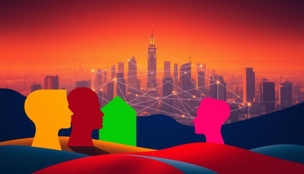 A visually striking illustration of "Holland's Theory of Vocational Guidance", depicting a vibrant, geometric landscape. In the foreground, six distinct shapes in bold primary colors represent the different personality types outlined in the theory. In the middle ground, a network of intersecting lines and arrows symbolize the interplay between individual traits and work environments. The background features a futuristic, minimalist cityscape bathed in warm, directional lighting, conveying the modern, technological aspects of contemporary career guidance. The overall composition exudes a sense of dynamism, interconnectedness, and the endless possibilities inherent in finding the right vocational fit.