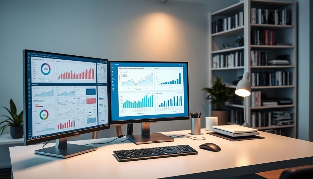 A well-lit office setting, with an array of data analysis tools prominently displayed on a sleek, modern desk. In the foreground, a high-resolution screen shows various data visualization techniques, such as interactive charts, graphs, and dashboards. The middle ground features a keyboard, mouse, and other ergonomic peripherals, highlighting the user-friendly interface of these analytical tools. In the background, bookshelves filled with reference materials and a subtle, muted color palette create a professional, yet inviting atmosphere conducive to deep data exploration and insights. A well-lit office setting, with an array of data analysis tools prominently displayed on a sleek, modern desk. In the foreground, a high-resolution screen shows various data visualization techniques, such as interactive charts, graphs, and dashboards. The middle ground features a keyboard, mouse, and other ergonomic peripherals, highlighting the user-friendly interface of these analytical tools. In the background, bookshelves filled with reference materials and a subtle, muted color palette create a professional, yet inviting atmosphere conducive to deep data exploration and insights.