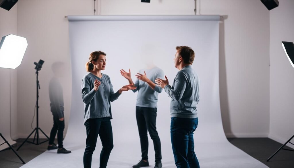 A well-lit studio setting showcasing a person demonstrating various body language and facial expressions during a conversation. The figure stands in the foreground, their movements fluid and expressive, conveying a sense of confident and engaged communication. The middle ground features a minimalist backdrop, allowing the subject to be the central focus. Soft, directional lighting gently illuminates the scene, creating subtle shadows that accentuate the contours of the face and body. The overall atmosphere is one of poise, clarity, and effective nonverbal interaction. A well-lit studio setting showcasing a person demonstrating various body language and facial expressions during a conversation. The figure stands in the foreground, their movements fluid and expressive, conveying a sense of confident and engaged communication. The middle ground features a minimalist backdrop, allowing the subject to be the central focus. Soft, directional lighting gently illuminates the scene, creating subtle shadows that accentuate the contours of the face and body. The overall atmosphere is one of poise, clarity, and effective nonverbal interaction.