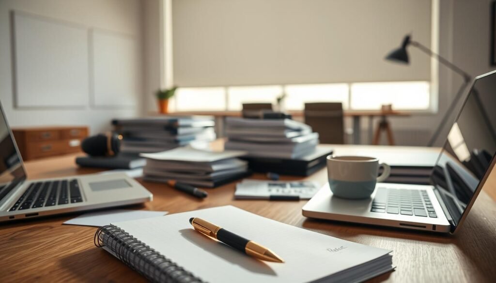 A well-organized workspace with a laptop, books, and notes scattered across a wooden desk. Sunlight streams in through a large window, casting a warm glow on the scene. In the foreground, a pen rests atop a notebook, ready to capture the writer's ideas. The middle ground features stacks of reference materials and a cup of coffee, hinting at the focus and dedication required for content optimization. The background showcases a minimalist office layout, emphasizing the importance of a distraction-free environment for effective content strategy development.