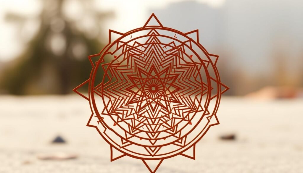 An intricate mandala-like design composed of concentric circles, triangles, and geometric shapes in warm, earthy tones. The foreground features a central focal point made up of interconnected shapes suggesting the concepts of goals, priorities, and organization. The middle ground contains a complex web of intersecting lines and patterns, symbolizing the interplay of different elements in daily life. The background is hazy and blurred, creating a sense of depth and emphasizing the central design. The overall atmosphere is contemplative, balanced, and gently illuminated by soft, natural lighting, conveying a sense of focus and clarity.