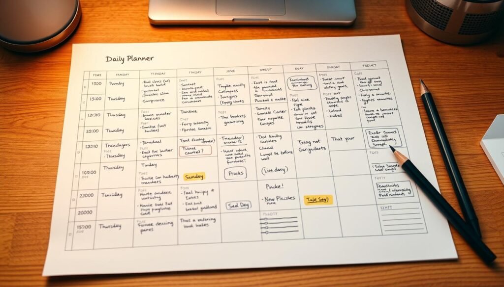 Detailed daily planner with an organized schedule, color-coded time slots, and clear task assignments. Soft warm lighting illuminates the wooden desk surface, creating a focused and productive atmosphere. Minimal but elegant design elements frame the plan, suggesting a sense of structure and intentionality. A sense of forward momentum and efficiency radiates from the arrangement, inspiring the viewer to adopt a proactive and goal-oriented mindset.