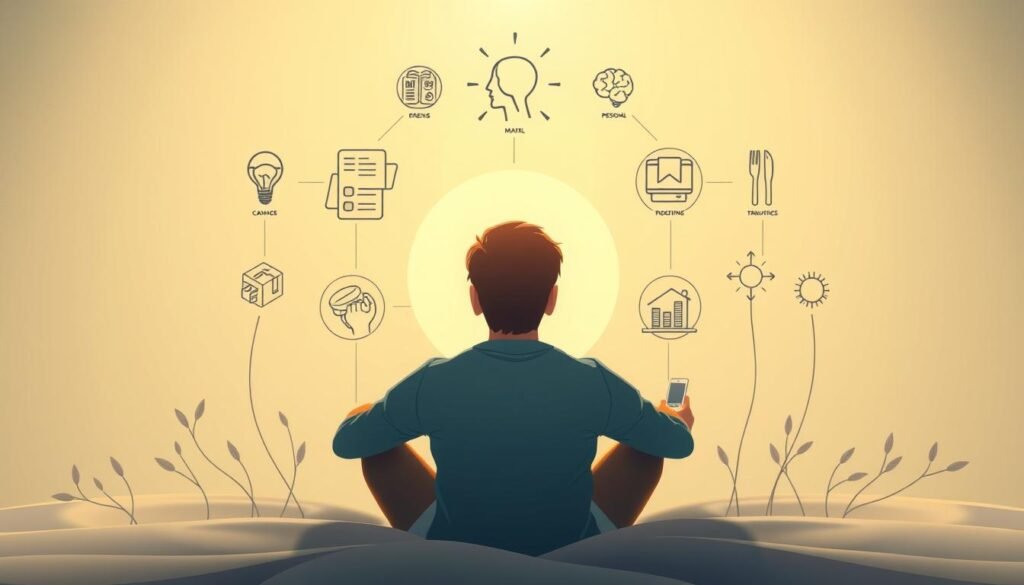 Detailed illustration of the key objectives of psychological counseling, showcasing a serene and contemplative atmosphere. A tranquil scene with a central figure surrounded by symbolic icons representing personal growth, mental well-being, and positive transformation. Soft lighting accentuates the introspective mood, while the composition guides the viewer's gaze towards the core aims of this therapeutic practice. The image should convey a sense of harmony, clarity, and the empowering potential of psychological guidance.