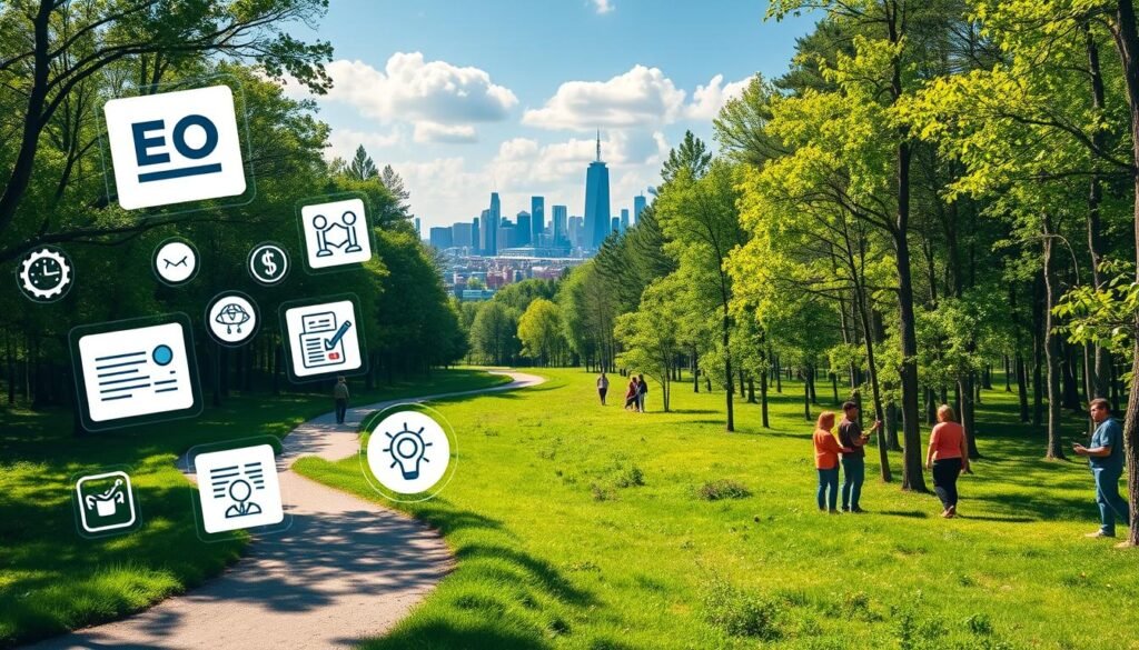 Detailed image of strategies for building external links (backlinks). A serene landscape with a winding path leading through a lush forest, sunlight filtering through the canopy. In the foreground, various SEO-themed icons and illustrations float, representing different link building tactics like guest posting, broken link building, resource page link building. The middle ground showcases a group of people collaborating, networking, and exchanging ideas. In the background, a city skyline with skyscrapers is visible, symbolizing the broader online ecosystem. The overall scene conveys a sense of strategy, growth, and interconnectedness within the backlink building process.