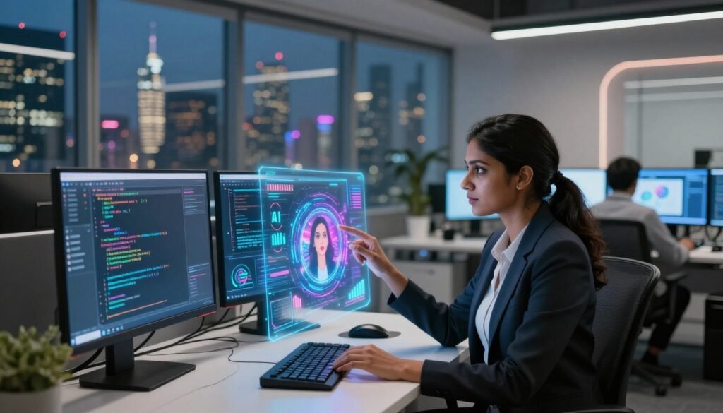 A futuristic office workspace showcasing multi-modal AI development. In the foreground, a well-dressed professional, a South Asian woman, is engaged in interaction with holographic displays, one emitting vibrant visual data and the other capturing her voice inputs. In the middle ground, multiple screens are visible, featuring code snippets transforming into graphics and designs, highlighting the AI’s capabilities. In the background, a large window reveals a dynamic city skyline, illuminated by soft, ambient lighting that creates a productive atmosphere. The scene is captured with a slightly wide-angle lens, emphasizing the technological sophistication and innovation of AI development. The mood is collaborative and inspiring, with a hint of vibrant creativity. A futuristic office workspace showcasing multi-modal AI development. In the foreground, a well-dressed professional, a South Asian woman, is engaged in interaction with holographic displays, one emitting vibrant visual data and the other capturing her voice inputs. In the middle ground, multiple screens are visible, featuring code snippets transforming into graphics and designs, highlighting the AI’s capabilities. In the background, a large window reveals a dynamic city skyline, illuminated by soft, ambient lighting that creates a productive atmosphere. The scene is captured with a slightly wide-angle lens, emphasizing the technological sophistication and innovation of AI development. The mood is collaborative and inspiring, with a hint of vibrant creativity.