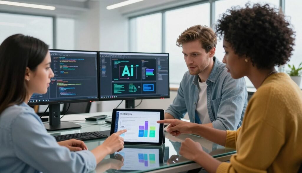 A modern office environment filled with professional developers engaged in discussions around various advanced software development tools. In the foreground, a diverse group of three developers, one woman of Middle Eastern descent, one Caucasian man, and one Black woman, are gathered around a sleek glass table, pointing at a digital comparison chart displayed on a tablet, showcasing "BLACKBOX.AI" alongside other competing solutions. In the middle, a sophisticated workspace with dual monitors displaying coding interfaces and technical diagrams, illustrating the concepts of AI solutions. The background features large windows allowing natural light to illuminate the space, creating a bright atmosphere. The mood is collaborative and focused, emphasizing innovation and competition in technology. The scene should have a dynamic perspective, shot from a low angle to highlight the developers' engagement. A modern office environment filled with professional developers engaged in discussions around various advanced software development tools. In the foreground, a diverse group of three developers, one woman of Middle Eastern descent, one Caucasian man, and one Black woman, are gathered around a sleek glass table, pointing at a digital comparison chart displayed on a tablet, showcasing "BLACKBOX.AI" alongside other competing solutions. In the middle, a sophisticated workspace with dual monitors displaying coding interfaces and technical diagrams, illustrating the concepts of AI solutions. The background features large windows allowing natural light to illuminate the space, creating a bright atmosphere. The mood is collaborative and focused, emphasizing innovation and competition in technology. The scene should have a dynamic perspective, shot from a low angle to highlight the developers' engagement.