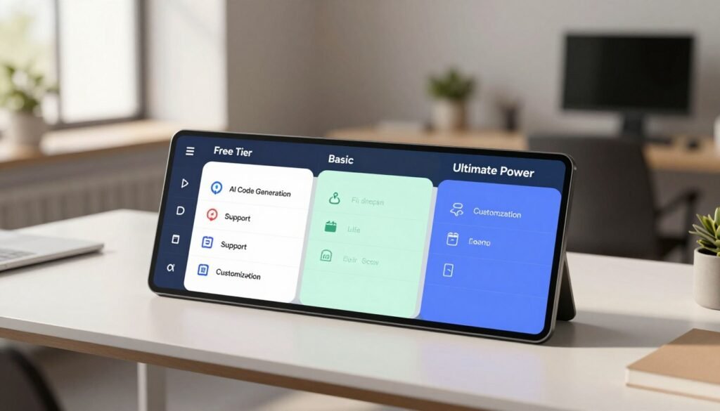 A sleek pricing plans comparison chart elegantly displayed on a modern, minimalist office desk. In the foreground, the chart shows three distinct plans: Free Tier, Basic, and Ultimate Power, each represented with varying color blocks and icons. The middle section features clear, organized rows and columns with icons symbolizing features such as 'AI Code Generation', 'Support', and 'Customization'. The background is softly blurred, showing a stylish workspace with natural light streaming through a window, creating a warm and inviting atmosphere. The scene is shot at a slight angle with a shallow depth of field, emphasizing the chart while adding depth. The overall mood is professional and dynamic, perfect for discussing innovative tech solutions. A sleek pricing plans comparison chart elegantly displayed on a modern, minimalist office desk. In the foreground, the chart shows three distinct plans: Free Tier, Basic, and Ultimate Power, each represented with varying color blocks and icons. The middle section features clear, organized rows and columns with icons symbolizing features such as 'AI Code Generation', 'Support', and 'Customization'. The background is softly blurred, showing a stylish workspace with natural light streaming through a window, creating a warm and inviting atmosphere. The scene is shot at a slight angle with a shallow depth of field, emphasizing the chart while adding depth. The overall mood is professional and dynamic, perfect for discussing innovative tech solutions.