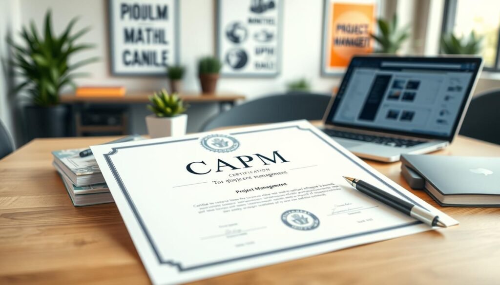 A beautifully designed CAPM certificate in the foreground, showcasing elegant typography and a prominent seal symbolizing certification in project management. The certificate should lay on a clean wooden desk, accompanied by a sleek pen, a small stack of project management books, and a laptop showing a project management dashboard, representing the tools of the trade. In the background, softly blurred, include an office environment with a modern aesthetic, featuring potted plants and motivational posters related to project management. Soft, natural lighting illuminates the scene, creating a professional and inviting atmosphere. The angle should be slightly top-down, giving a comprehensive view of the subject. The overall mood conveys a sense of achievement and readiness for a new career path in project management. A beautifully designed CAPM certificate in the foreground, showcasing elegant typography and a prominent seal symbolizing certification in project management. The certificate should lay on a clean wooden desk, accompanied by a sleek pen, a small stack of project management books, and a laptop showing a project management dashboard, representing the tools of the trade. In the background, softly blurred, include an office environment with a modern aesthetic, featuring potted plants and motivational posters related to project management. Soft, natural lighting illuminates the scene, creating a professional and inviting atmosphere. The angle should be slightly top-down, giving a comprehensive view of the subject. The overall mood conveys a sense of achievement and readiness for a new career path in project management.