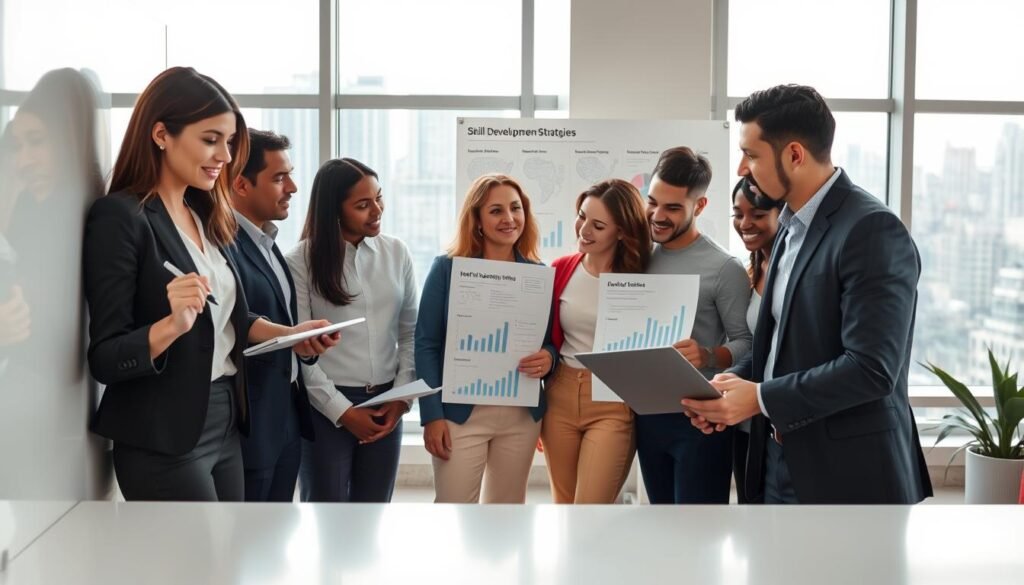 A diverse group of international professionals in a modern office setting, engaging in a collaborative brainstorming session. In the foreground, a woman in business attire is writing ideas on a whiteboard, while a man of different descent takes notes on a laptop. In the middle, team members, also representing various cultures, are sharing insights, surrounded by charts and graphs displaying skill development strategies. The background features large windows with a view of a cityscape, symbolizing global connections. Soft, natural lighting floods the room, creating an inspiring and productive atmosphere. The scene captures a sense of teamwork, innovation, and strategic planning, embodying the essence of skill development in international organizations. A diverse group of international professionals in a modern office setting, engaging in a collaborative brainstorming session. In the foreground, a woman in business attire is writing ideas on a whiteboard, while a man of different descent takes notes on a laptop. In the middle, team members, also representing various cultures, are sharing insights, surrounded by charts and graphs displaying skill development strategies. The background features large windows with a view of a cityscape, symbolizing global connections. Soft, natural lighting floods the room, creating an inspiring and productive atmosphere. The scene captures a sense of teamwork, innovation, and strategic planning, embodying the essence of skill development in international organizations.