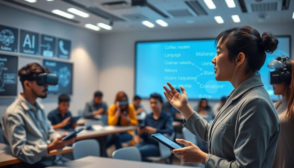 A futuristic classroom setting filled with diverse learners engaging with advanced language learning technology. In the foreground, an Asian woman in professional attire interacts with a holographic language interface, displaying words and phrases in various languages. The middle ground features a diverse group of students, including a Black man and a Caucasian woman, using tablets and virtual reality headsets to immerse themselves in language lessons. The background showcases a modern classroom with large screens displaying language models and interactive AI diagrams. Soft, ambient lighting creates an inviting and innovative atmosphere, while a slight depth of field brings focus to the learning interaction. Overall, the scene should evoke a sense of excitement and possibility in language acquisition through AI technologies. A futuristic classroom setting filled with diverse learners engaging with advanced language learning technology. In the foreground, an Asian woman in professional attire interacts with a holographic language interface, displaying words and phrases in various languages. The middle ground features a diverse group of students, including a Black man and a Caucasian woman, using tablets and virtual reality headsets to immerse themselves in language lessons. The background showcases a modern classroom with large screens displaying language models and interactive AI diagrams. Soft, ambient lighting creates an inviting and innovative atmosphere, while a slight depth of field brings focus to the learning interaction. Overall, the scene should evoke a sense of excitement and possibility in language acquisition through AI technologies.