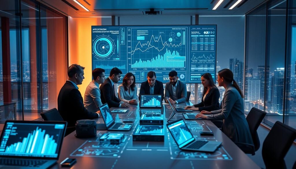 A futuristic workspace featuring a large digital screen displaying complex data visualizations and artificial intelligence algorithms. In the foreground, a diverse group of professionals, dressed in smart business attire, collaborate closely around a sleek conference table, deep in discussion. The middle ground showcases advanced computing devices, like laptops and tablets, with holographic interfaces that display graphs and machine learning models. In the background, a large window reveals a cityscape illuminated by night lights, emphasizing an atmosphere of innovation and technology. Soft, ambient lighting casts a warm glow over the scene, creating a mood of focus and inspiration in this high-tech environment. The camera angle captures the entire workspace, promoting a sense of engagement and advanced collaboration. A futuristic workspace featuring a large digital screen displaying complex data visualizations and artificial intelligence algorithms. In the foreground, a diverse group of professionals, dressed in smart business attire, collaborate closely around a sleek conference table, deep in discussion. The middle ground showcases advanced computing devices, like laptops and tablets, with holographic interfaces that display graphs and machine learning models. In the background, a large window reveals a cityscape illuminated by night lights, emphasizing an atmosphere of innovation and technology. Soft, ambient lighting casts a warm glow over the scene, creating a mood of focus and inspiration in this high-tech environment. The camera angle captures the entire workspace, promoting a sense of engagement and advanced collaboration.