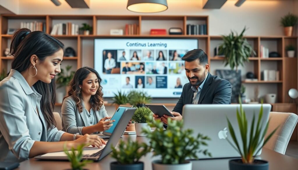 A modern and inviting workspace showcasing the theme of "continuous online learning" in digital skills development. In the foreground, a diverse group of three individuals—two women and one man—interact with laptops and tablets, dressed in professional business attire. One woman, focused on her screen, has notes scattered around, while the man shares a digital presentation with the other woman, highlighting collaboration. In the middle ground, a large screen displays educational content, surrounded by potted plants for a touch of nature. The background features shelves with books and tech gadgets, with soft, warm lighting creating an inspiring atmosphere. The perspective is slightly angled to provide depth, capturing a vibrant yet professional environment conducive to learning. A modern and inviting workspace showcasing the theme of "continuous online learning" in digital skills development. In the foreground, a diverse group of three individuals—two women and one man—interact with laptops and tablets, dressed in professional business attire. One woman, focused on her screen, has notes scattered around, while the man shares a digital presentation with the other woman, highlighting collaboration. In the middle ground, a large screen displays educational content, surrounded by potted plants for a touch of nature. The background features shelves with books and tech gadgets, with soft, warm lighting creating an inspiring atmosphere. The perspective is slightly angled to provide depth, capturing a vibrant yet professional environment conducive to learning.