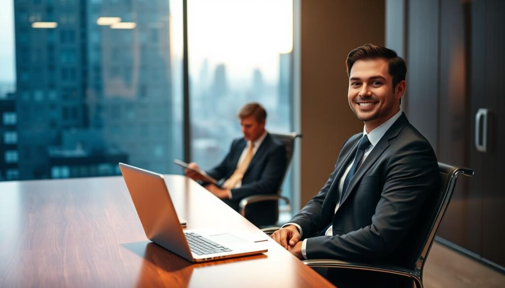 A professional job interview scene with two individuals engaged in a conversation, capturing the essence of etiquette and decorum. In the foreground, a confident candidate dressed in formal business attire, smiling and maintaining eye contact, while sitting in a modern office chair. The middle area features a polished wooden conference table with a sleek laptop and a notepad, emphasizing professionalism. The background contains a large window with soft natural light illuminating the room, revealing a cityscape outside, creating an inspiring backdrop. The atmosphere feels warm and inviting, reflecting a positive and respectful interaction during the interview. The overall composition should convey the importance of etiquette and politeness in a professional setting, with a focus on body language and facial expressions. A professional job interview scene with two individuals engaged in a conversation, capturing the essence of etiquette and decorum. In the foreground, a confident candidate dressed in formal business attire, smiling and maintaining eye contact, while sitting in a modern office chair. The middle area features a polished wooden conference table with a sleek laptop and a notepad, emphasizing professionalism. The background contains a large window with soft natural light illuminating the room, revealing a cityscape outside, creating an inspiring backdrop. The atmosphere feels warm and inviting, reflecting a positive and respectful interaction during the interview. The overall composition should convey the importance of etiquette and politeness in a professional setting, with a focus on body language and facial expressions.