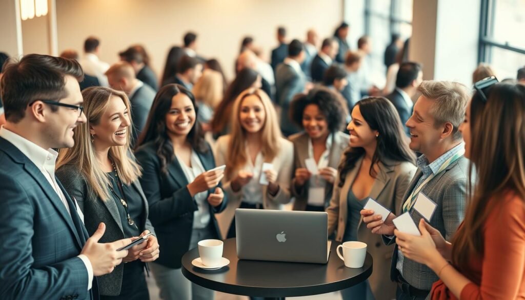 A professional networking event scene illustrating effective communication and trust-building. In the foreground, a diverse group of well-dressed individuals engaged in animated discussions, exchanging business cards and ideas, radiating enthusiasm and connection. In the middle, a round table with a laptop and coffee cups, symbolizing collaboration and teamwork. Soft, warm lighting highlights the faces of the participants, creating an inviting atmosphere. In the background, blurred silhouettes of more attendees mingling, capturing the essence of a vibrant professional community. The overall mood is optimistic and empowering, conveying the importance of building strong, trustworthy relationships in a professional setting. The angle is slightly elevated, providing a comprehensive view of the interaction and environment, accentuating the theme of networking. A professional networking event scene illustrating effective communication and trust-building. In the foreground, a diverse group of well-dressed individuals engaged in animated discussions, exchanging business cards and ideas, radiating enthusiasm and connection. In the middle, a round table with a laptop and coffee cups, symbolizing collaboration and teamwork. Soft, warm lighting highlights the faces of the participants, creating an inviting atmosphere. In the background, blurred silhouettes of more attendees mingling, capturing the essence of a vibrant professional community. The overall mood is optimistic and empowering, conveying the importance of building strong, trustworthy relationships in a professional setting. The angle is slightly elevated, providing a comprehensive view of the interaction and environment, accentuating the theme of networking.