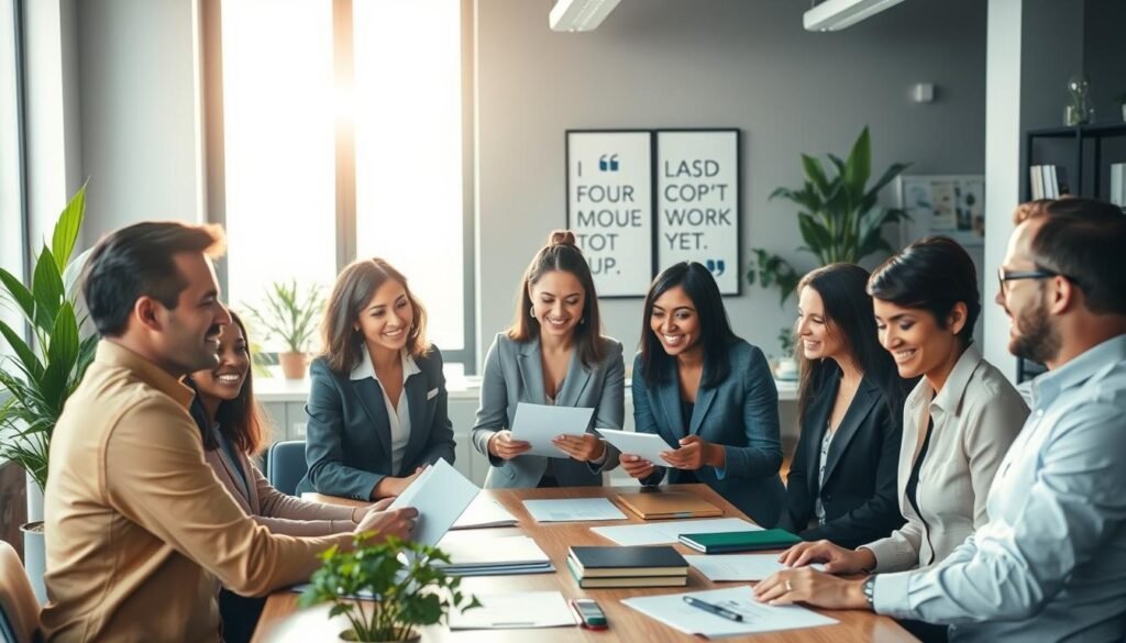 A professional office space depicting the concept of social roles in the workplace. In the foreground, a diverse group of professionals, dressed in business attire, engage in a collaborative discussion around a table filled with documents and digital devices. The individuals display positive body language, reflecting teamwork and inclusivity. In the middle ground, a large window allows soft, natural light to fill the space, creating a warm and inviting atmosphere. The background features a modern office design with plants, bookshelves, and motivational artwork, emphasizing a nurturing work culture. The scene is captured in a slightly elevated angle, providing a comprehensive view of the interaction, while maintaining a sense of professionalism and ambition in the environment. A professional office space depicting the concept of social roles in the workplace. In the foreground, a diverse group of professionals, dressed in business attire, engage in a collaborative discussion around a table filled with documents and digital devices. The individuals display positive body language, reflecting teamwork and inclusivity. In the middle ground, a large window allows soft, natural light to fill the space, creating a warm and inviting atmosphere. The background features a modern office design with plants, bookshelves, and motivational artwork, emphasizing a nurturing work culture. The scene is captured in a slightly elevated angle, providing a comprehensive view of the interaction, while maintaining a sense of professionalism and ambition in the environment.