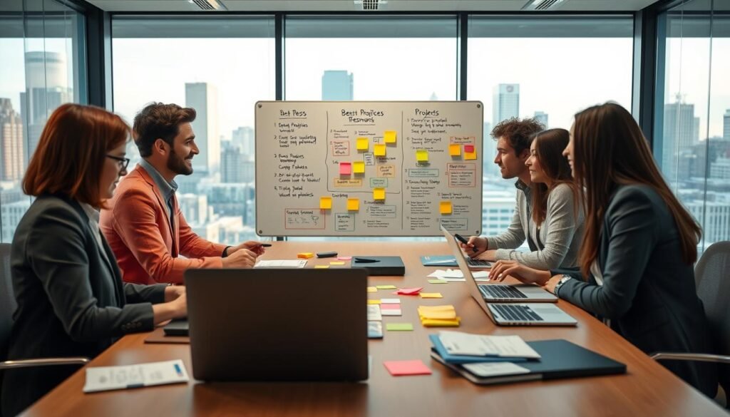 A professional project management meeting set in a modern office environment. In the foreground, a diverse group of three professionals, dressed in business attire, are engaged in discussion around a large table filled with laptops, project charts, and colorful sticky notes. In the middle, a whiteboard displays various project diagrams and bullet points outlining best practices for project management, with bright colors and clear icons. The background features large windows with natural light streaming in, showcasing a city skyline, enhancing the feeling of productivity and innovation. The atmosphere is focused yet collaborative, with soft, warm lighting emphasizing teamwork and open communication. The angle captures the dynamic interaction among team members, illustrating the essence of effective project management practices. A professional project management meeting set in a modern office environment. In the foreground, a diverse group of three professionals, dressed in business attire, are engaged in discussion around a large table filled with laptops, project charts, and colorful sticky notes. In the middle, a whiteboard displays various project diagrams and bullet points outlining best practices for project management, with bright colors and clear icons. The background features large windows with natural light streaming in, showcasing a city skyline, enhancing the feeling of productivity and innovation. The atmosphere is focused yet collaborative, with soft, warm lighting emphasizing teamwork and open communication. The angle captures the dynamic interaction among team members, illustrating the essence of effective project management practices.
