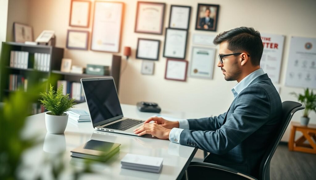 A professional workspace scene featuring a focused individual in business attire, sitting at a sleek desk with a laptop open, actively working on their online professional profile. In the foreground, a neatly arranged set of business cards and a potted plant add a touch of sophistication. The middle ground showcases a wall adorned with framed certifications and achievements, emphasizing professional development. The shallow depth of field allows the background, a well-lit office containing bookshelves and motivational posters, to softly blur, creating a warm atmosphere. Soft, natural light filters in through a large window, enhancing the sense of productivity and success, while a subtle tilt-shift effect draws attention to the person, highlighting the importance of improving and developing a professional profile for networking. A professional workspace scene featuring a focused individual in business attire, sitting at a sleek desk with a laptop open, actively working on their online professional profile. In the foreground, a neatly arranged set of business cards and a potted plant add a touch of sophistication. The middle ground showcases a wall adorned with framed certifications and achievements, emphasizing professional development. The shallow depth of field allows the background, a well-lit office containing bookshelves and motivational posters, to softly blur, creating a warm atmosphere. Soft, natural light filters in through a large window, enhancing the sense of productivity and success, while a subtle tilt-shift effect draws attention to the person, highlighting the importance of improving and developing a professional profile for networking.