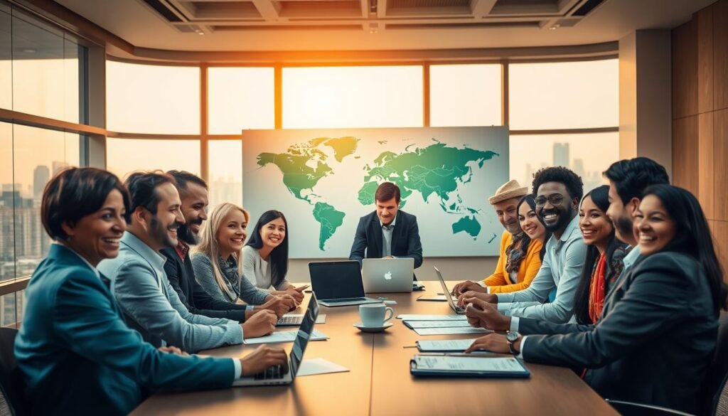 A vibrant and dynamic scene showcasing the impact of cultural diversity in international organizations. In the foreground, a diverse group of professionals, dressed in business attire, are engaged in a collaborative discussion around a large conference table, with laptops and documents spread out. They represent various cultures, showcasing a blend of traditional and modern attire. In the middle ground, a large world map is displayed on the wall, symbolizing global cooperation. The background features large windows with a view of a city skyline, bathed in warm, natural light, conveying optimism and opportunity. The atmosphere is lively, with expressions of engagement and collaboration, highlighting the importance of intercultural skills in international work environments. The composition should convey professionalism and unity. A vibrant and dynamic scene showcasing the impact of cultural diversity in international organizations. In the foreground, a diverse group of professionals, dressed in business attire, are engaged in a collaborative discussion around a large conference table, with laptops and documents spread out. They represent various cultures, showcasing a blend of traditional and modern attire. In the middle ground, a large world map is displayed on the wall, symbolizing global cooperation. The background features large windows with a view of a city skyline, bathed in warm, natural light, conveying optimism and opportunity. The atmosphere is lively, with expressions of engagement and collaboration, highlighting the importance of intercultural skills in international work environments. The composition should convey professionalism and unity.