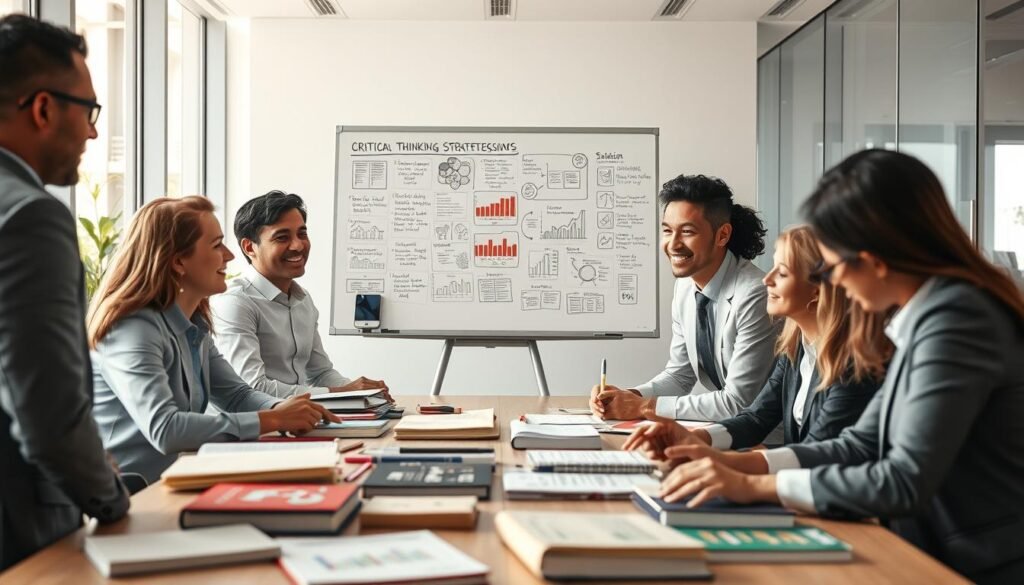 A vibrant and educational scene illustrating the concept of "Methodological Formation in Developing Critical Thinking." In the foreground, a diverse group of professionals—men and women dressed in business attire—are engaged in a lively discussion around a large table covered with books, graphs, and educational materials. In the middle ground, a whiteboard filled with diagrams and notes related to critical thinking strategies is visible, enhancing the collaborative atmosphere. The background shows a modern office environment with large windows allowing natural light to illuminate the space, creating a warm and inviting ambiance. Use a soft, diffused lighting effect to maintain focus on the group while softly blurring the background for depth. Capture the mood of intellectual engagement and teamwork, emphasizing the dynamic process of learning and discussion. A vibrant and educational scene illustrating the concept of "Methodological Formation in Developing Critical Thinking." In the foreground, a diverse group of professionals—men and women dressed in business attire—are engaged in a lively discussion around a large table covered with books, graphs, and educational materials. In the middle ground, a whiteboard filled with diagrams and notes related to critical thinking strategies is visible, enhancing the collaborative atmosphere. The background shows a modern office environment with large windows allowing natural light to illuminate the space, creating a warm and inviting ambiance. Use a soft, diffused lighting effect to maintain focus on the group while softly blurring the background for depth. Capture the mood of intellectual engagement and teamwork, emphasizing the dynamic process of learning and discussion.