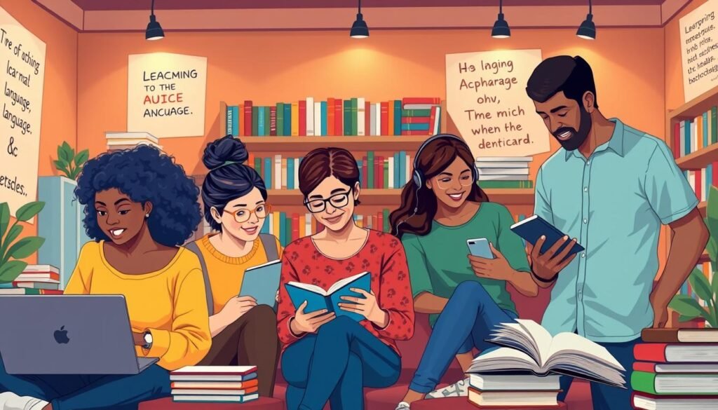 A vibrant and engaging illustration depicting diverse user experiences and learning styles in language acquisition. The foreground features a group of five individuals from various cultural backgrounds, each engaged in different learning activities: one using a laptop, another practicing with flashcards, a third listening to an audio lesson, and the others collaborating in a study group. In the middle ground, there are shelves filled with language books and digital devices showcasing language apps. The background features a cozy study environment with warm lighting and inspirational quotes on the wall. The mood is positive and dynamic, emphasizing collaboration, curiosity, and the joy of learning. Use a soft-focus lens effect to create depth, capturing the warmth of the setting without any text or additional elements. A vibrant and engaging illustration depicting diverse user experiences and learning styles in language acquisition. The foreground features a group of five individuals from various cultural backgrounds, each engaged in different learning activities: one using a laptop, another practicing with flashcards, a third listening to an audio lesson, and the others collaborating in a study group. In the middle ground, there are shelves filled with language books and digital devices showcasing language apps. The background features a cozy study environment with warm lighting and inspirational quotes on the wall. The mood is positive and dynamic, emphasizing collaboration, curiosity, and the joy of learning. Use a soft-focus lens effect to create depth, capturing the warmth of the setting without any text or additional elements.