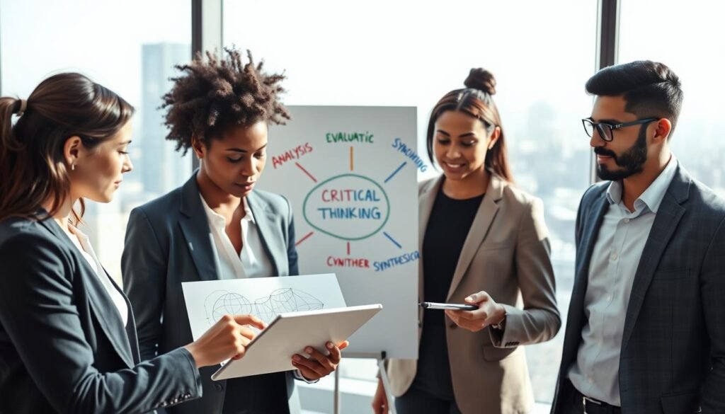 A visually engaging representation of critical thinking skills, featuring a diverse group of four professionals in a modern office setting. In the foreground, a thoughtful woman in business attire is analyzing a complex diagram on a tablet. Beside her, a man in smart casual clothing is taking notes, showcasing the collaborative nature of critical thinking. In the middle, a large whiteboard displays interconnected concepts such as "analysis," "evaluation," and "synthesis," illustrated with colorful markers. The background includes a panoramic window with a city view, creating a bright and inspiring atmosphere. The lighting is soft and natural, casting gentle shadows, enhancing the focus on the professionals engaging in discussion. The mood is one of innovation and teamwork, illustrating the foundational skills of critical thinking. A visually engaging representation of critical thinking skills, featuring a diverse group of four professionals in a modern office setting. In the foreground, a thoughtful woman in business attire is analyzing a complex diagram on a tablet. Beside her, a man in smart casual clothing is taking notes, showcasing the collaborative nature of critical thinking. In the middle, a large whiteboard displays interconnected concepts such as "analysis," "evaluation," and "synthesis," illustrated with colorful markers. The background includes a panoramic window with a city view, creating a bright and inspiring atmosphere. The lighting is soft and natural, casting gentle shadows, enhancing the focus on the professionals engaging in discussion. The mood is one of innovation and teamwork, illustrating the foundational skills of critical thinking.