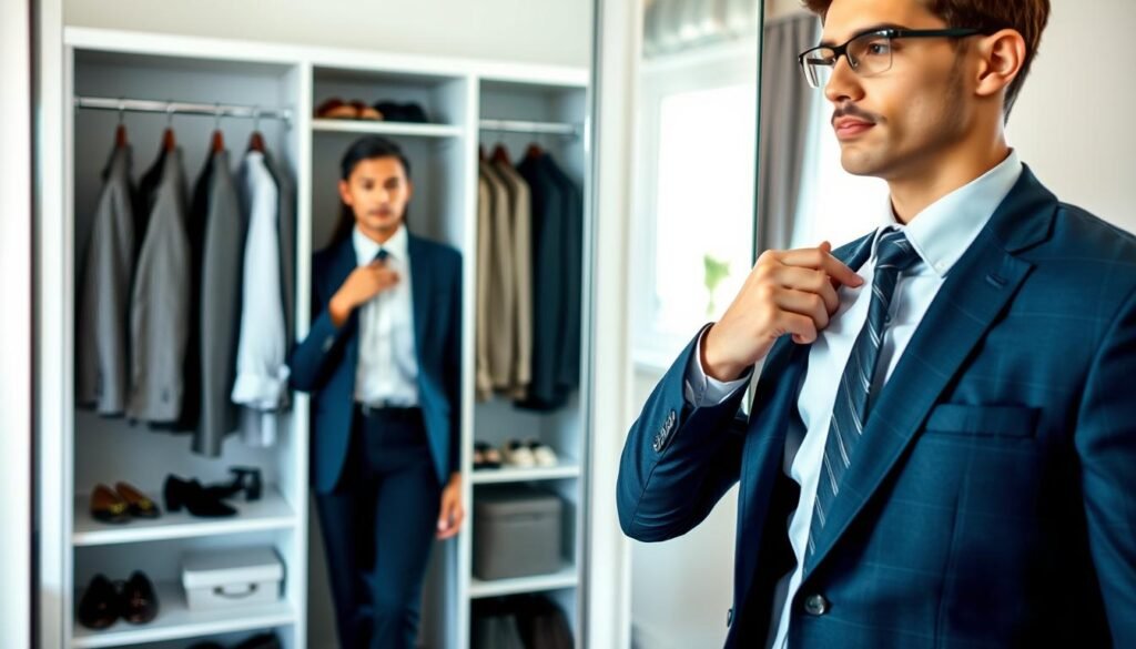 A well-dressed individual standing in front of a mirror, examining their outfit for a job interview. The foreground features the person adjusting their tie or blouse, showcasing a confident expression. The middle layer depicts a stylish, professional wardrobe with a variety of suits, blouses, and accessories neatly organized nearby. In the background, a well-lit room with soft, natural light coming through a window, creating an inviting atmosphere. Use a shallow depth of field to focus on the person, enhancing the sense of preparation and professionalism. The image conveys a mood of confidence and determination, emphasizing the importance of appropriate attire and grooming for a successful job interview. A well-dressed individual standing in front of a mirror, examining their outfit for a job interview. The foreground features the person adjusting their tie or blouse, showcasing a confident expression. The middle layer depicts a stylish, professional wardrobe with a variety of suits, blouses, and accessories neatly organized nearby. In the background, a well-lit room with soft, natural light coming through a window, creating an inviting atmosphere. Use a shallow depth of field to focus on the person, enhancing the sense of preparation and professionalism. The image conveys a mood of confidence and determination, emphasizing the importance of appropriate attire and grooming for a successful job interview.