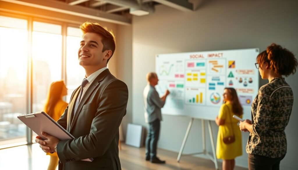 A young professional, dressed in smart business attire, stands confidently in the foreground, holding a clipboard and looking thoughtfully towards a diverse group of people engaged in a lively discussion about social impact projects. In the middle ground, a modern office setting with a large whiteboard filled with colorful diagrams and notes illustrates various social impact strategies. The background features large windows showing a vibrant cityscape bathed in warm, natural sunlight, enhancing the atmosphere of innovation and collaboration. Soft, balanced lighting highlights the engaged expression of the young professional, conveying a sense of hope and determination. The overall mood is inspiring and motivational, perfect for illustrating the journey in the field of social impact. A young professional, dressed in smart business attire, stands confidently in the foreground, holding a clipboard and looking thoughtfully towards a diverse group of people engaged in a lively discussion about social impact projects. In the middle ground, a modern office setting with a large whiteboard filled with colorful diagrams and notes illustrates various social impact strategies. The background features large windows showing a vibrant cityscape bathed in warm, natural sunlight, enhancing the atmosphere of innovation and collaboration. Soft, balanced lighting highlights the engaged expression of the young professional, conveying a sense of hope and determination. The overall mood is inspiring and motivational, perfect for illustrating the journey in the field of social impact.